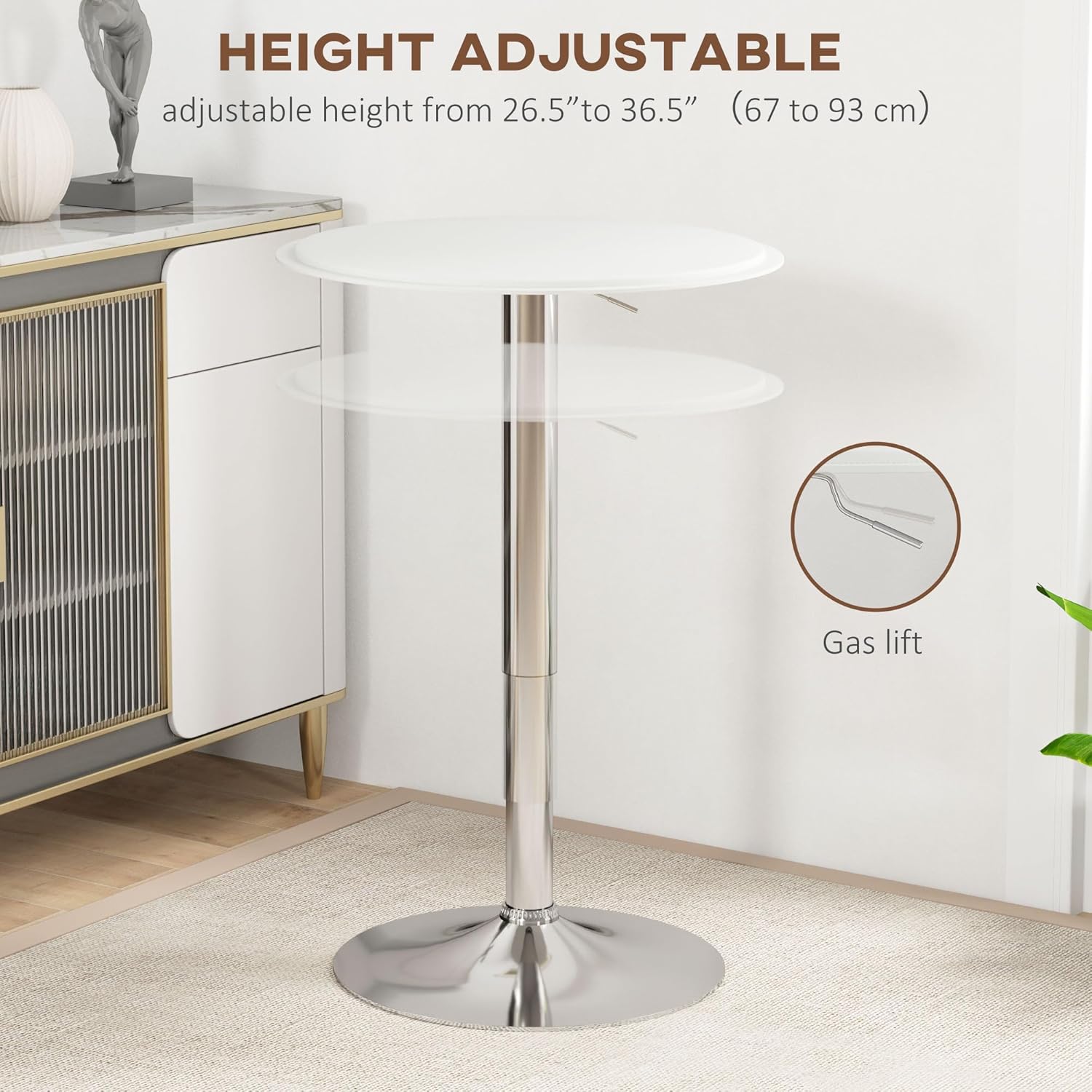 HOMCOM Round Bar Table, Adjustment Height Home Pub Bistro Table Faux Leather Covered Wooden Top Chrome Base, White