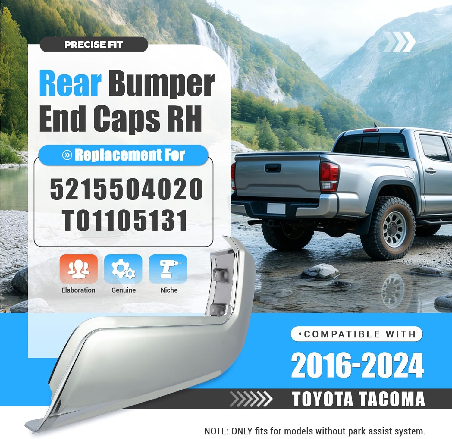 ECOTRIC Rear Bumper End Caps RH Compatible with 2016-2024 Toyota Tacoma w/o Parking Sensors Holes Chrome Covers Corner Extension Replacement for TO1105131 Passenger Side