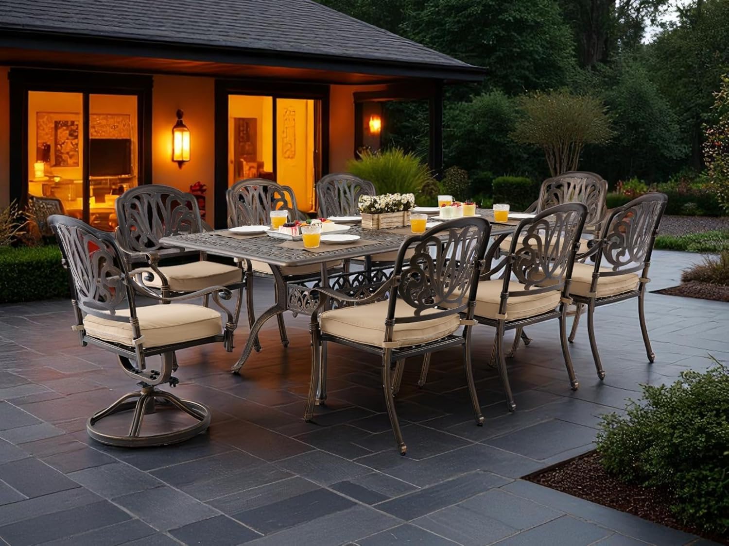 9 Piece Cast Aluminum Outdoor Dining Set, Retro Patio Dining Furniture Set for 8 Includes 86” Table 2 Swivel & 6 Stackable Elizabeth Chairs with Cushions and 2“ Umbrella Hole for Porch Poolside Garden