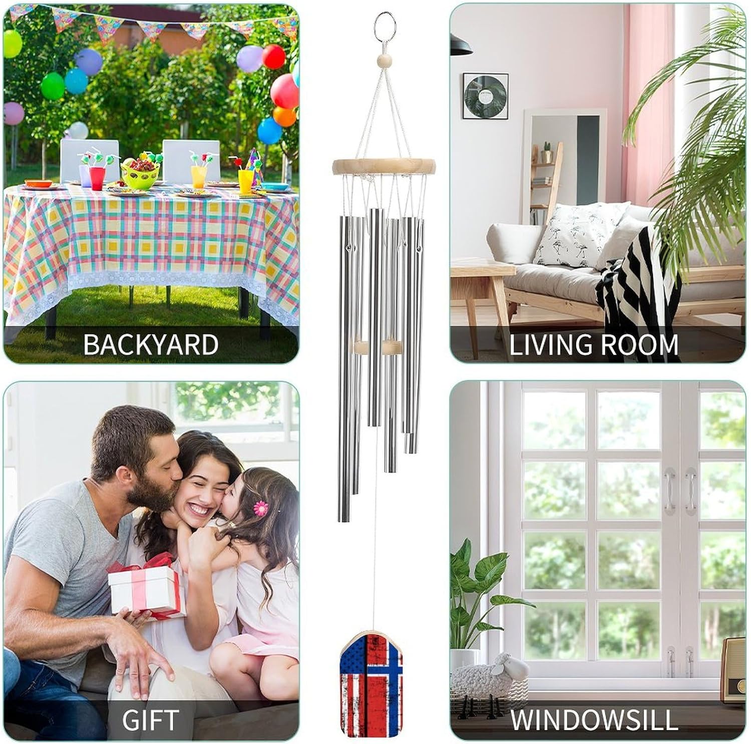 Norwegian Flag and USA Flag Wooden Wind Chimes Deep Tone Memorial Windchime for Outside Garden Home Decoration