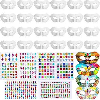 Leyndo Paper Mache Art Mask White Craft Masquerade Masks and Gem Stickers DIY Blank Mardi Gras Halloween Cosplay Party