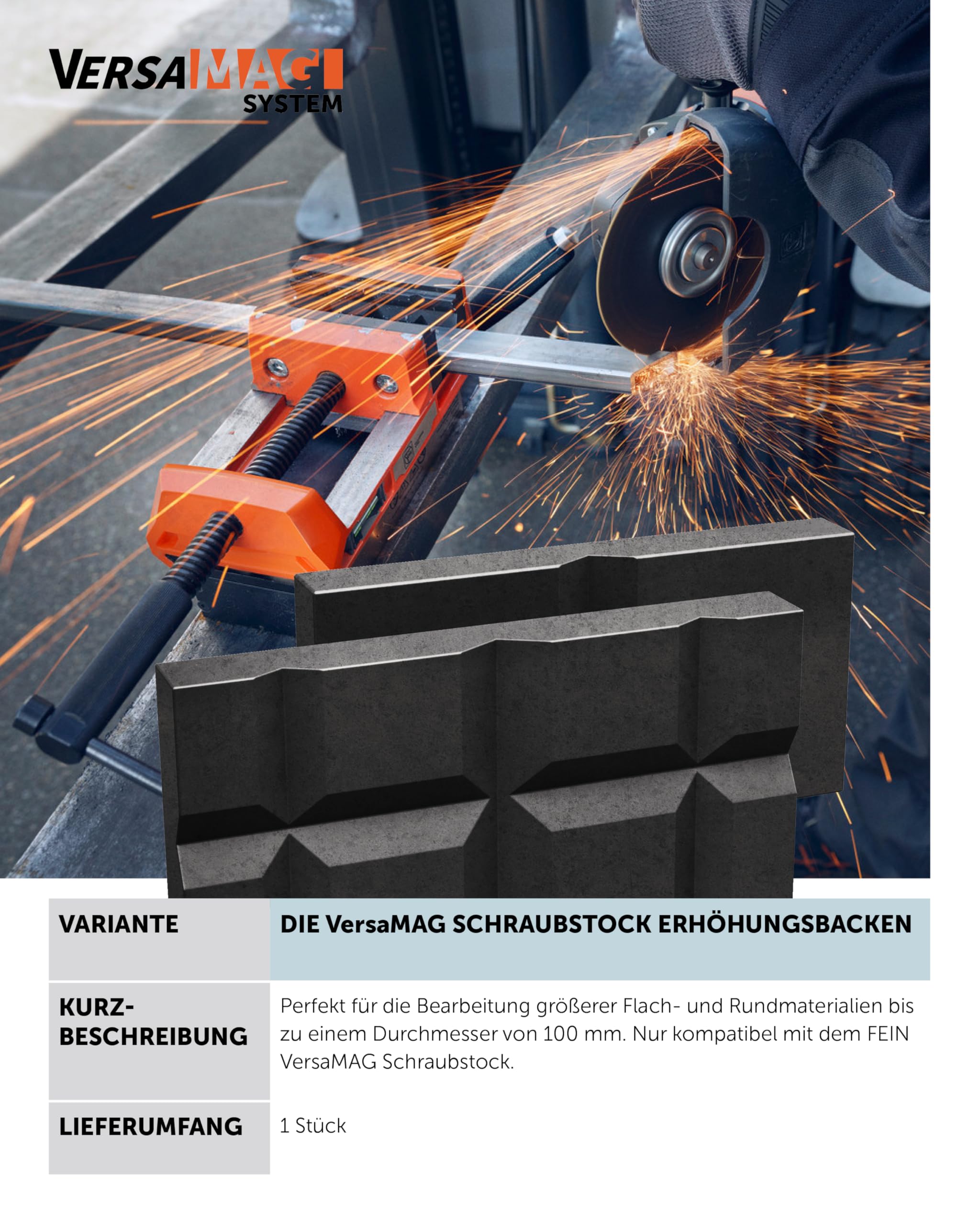 FEIN Erhöhungsbacken 60 mm I Schraubstock Backen für FEIN VersaMAG I Schraubstock Schutzbacken I Geeignet für Flach- & Rundmaterialien bis ⌀ 100 mm