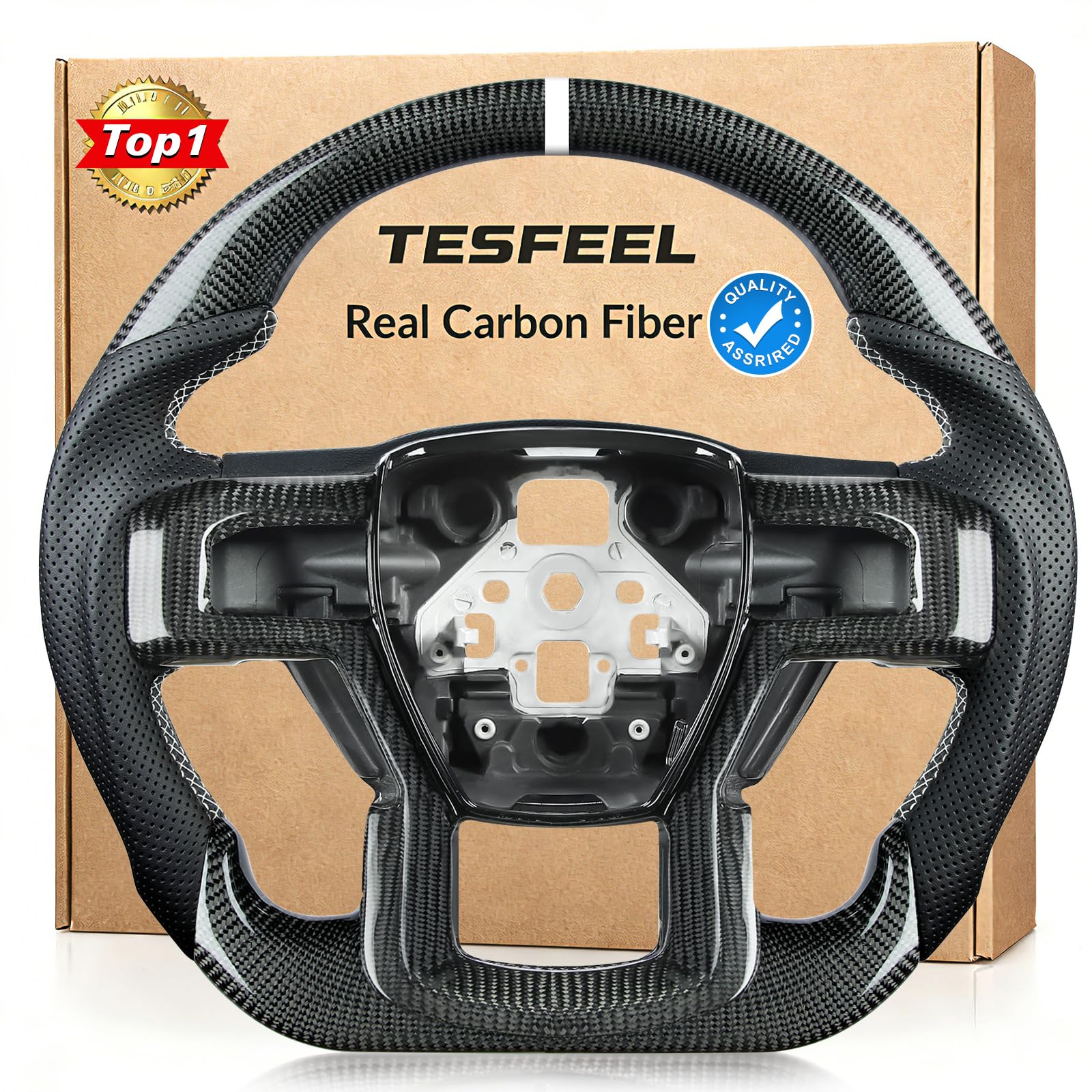 TESFEEL Real Carbon Fiber Steering Wheel for Ford F150 2015-2020, D-Shape Flat Bottom with Accent Trim, White Stripe & Hand-Stitching, Black Nappa