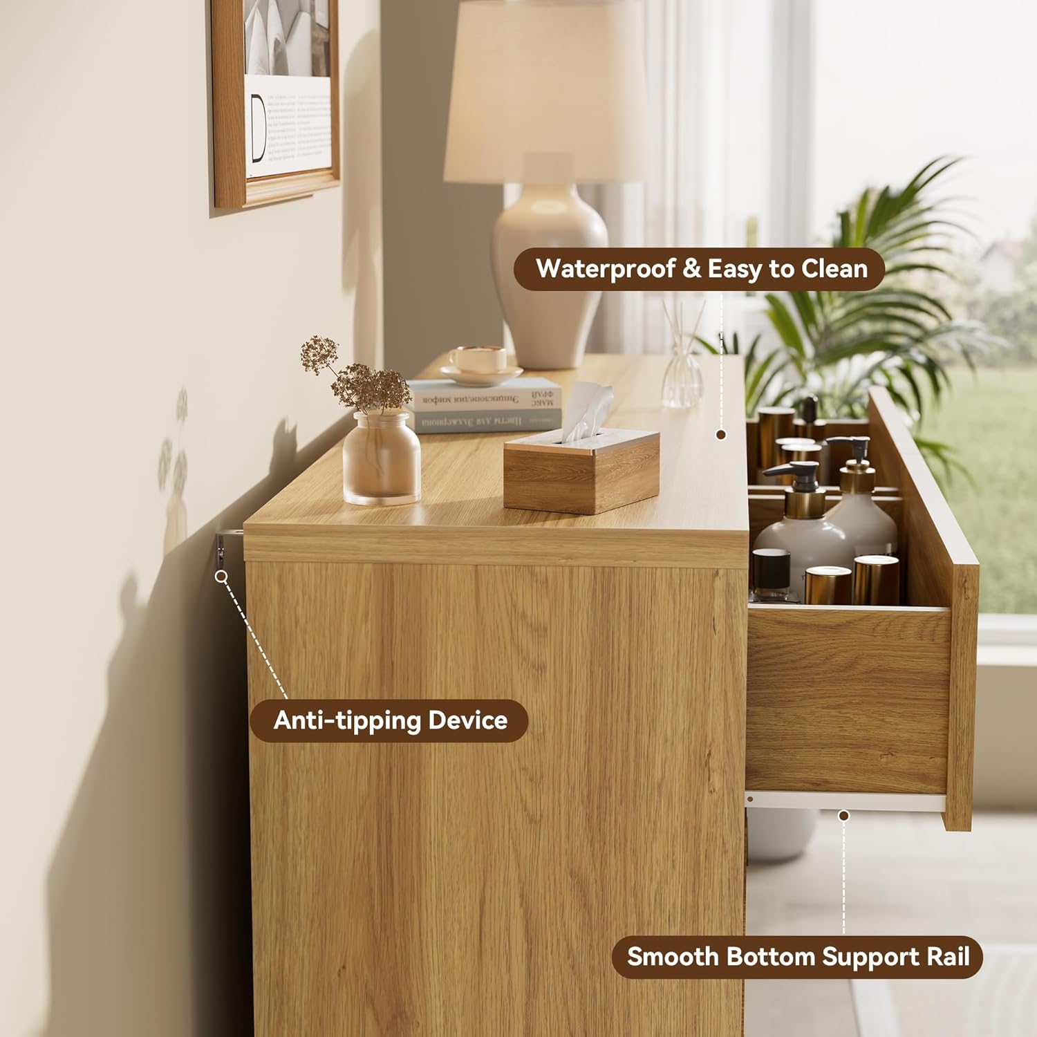 6 Drawer Dresser for Bedroom, 54" Wide Chest of Drawers with Metal Handle, Modern Storage Dressers Organizer for Living Room, Hallway, Natural Oak - Image 5