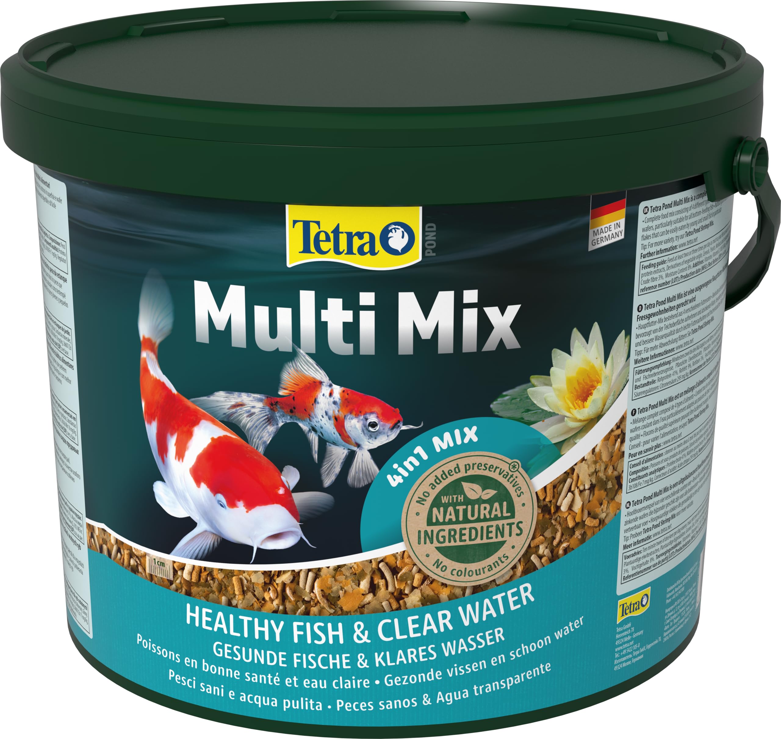Tetra Pond Multi Mix - Fischfutter für gemischten Besatz im Teich, enthält vier verschiedenen Futtersorten (Flockenfutter, Futtersticks, Gammarus, Wafer), 10 L Eimer