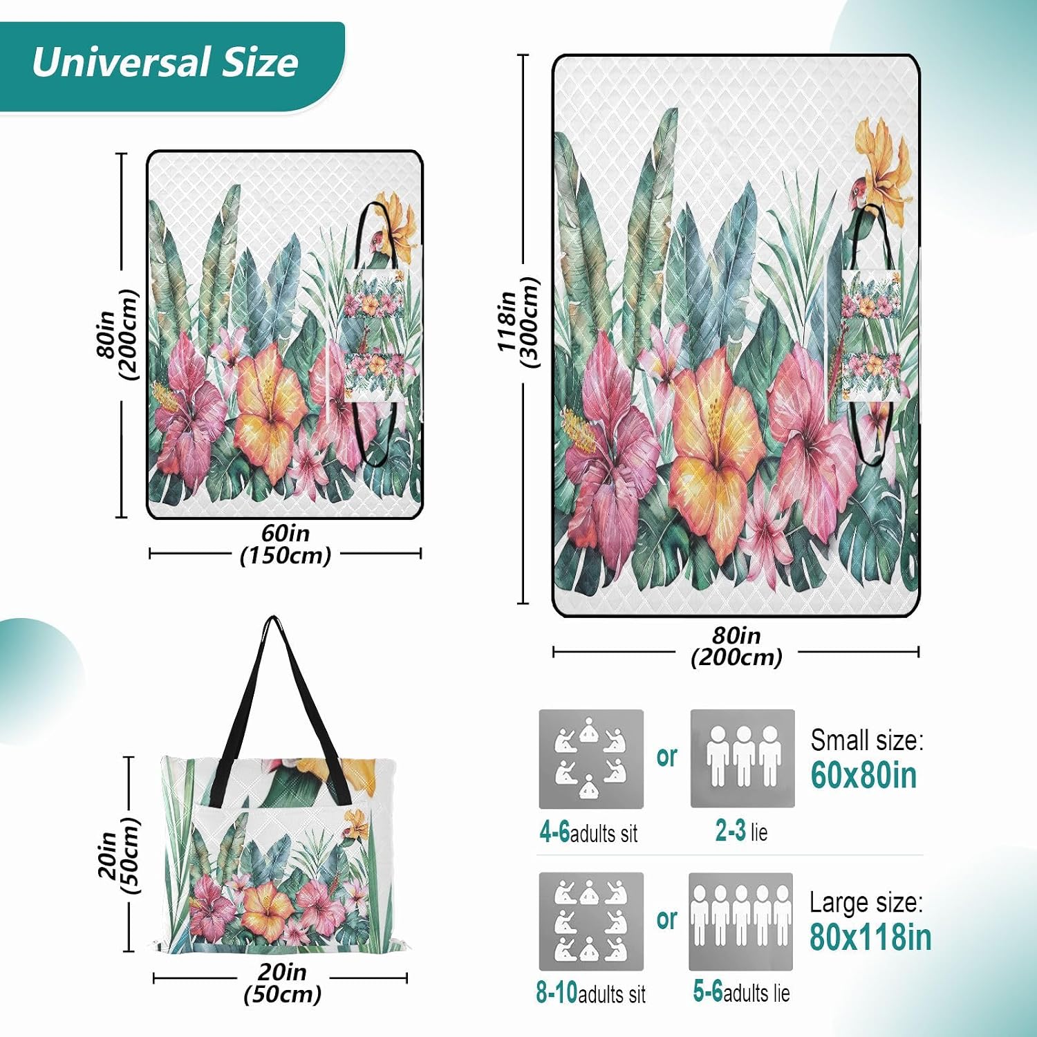 Tropical Plants Extra Large Picnic Blanket Waterproof Foldable Outdoor Beach Blanket Portable Picnic Mat for Camping, Park, Grass, Hiking