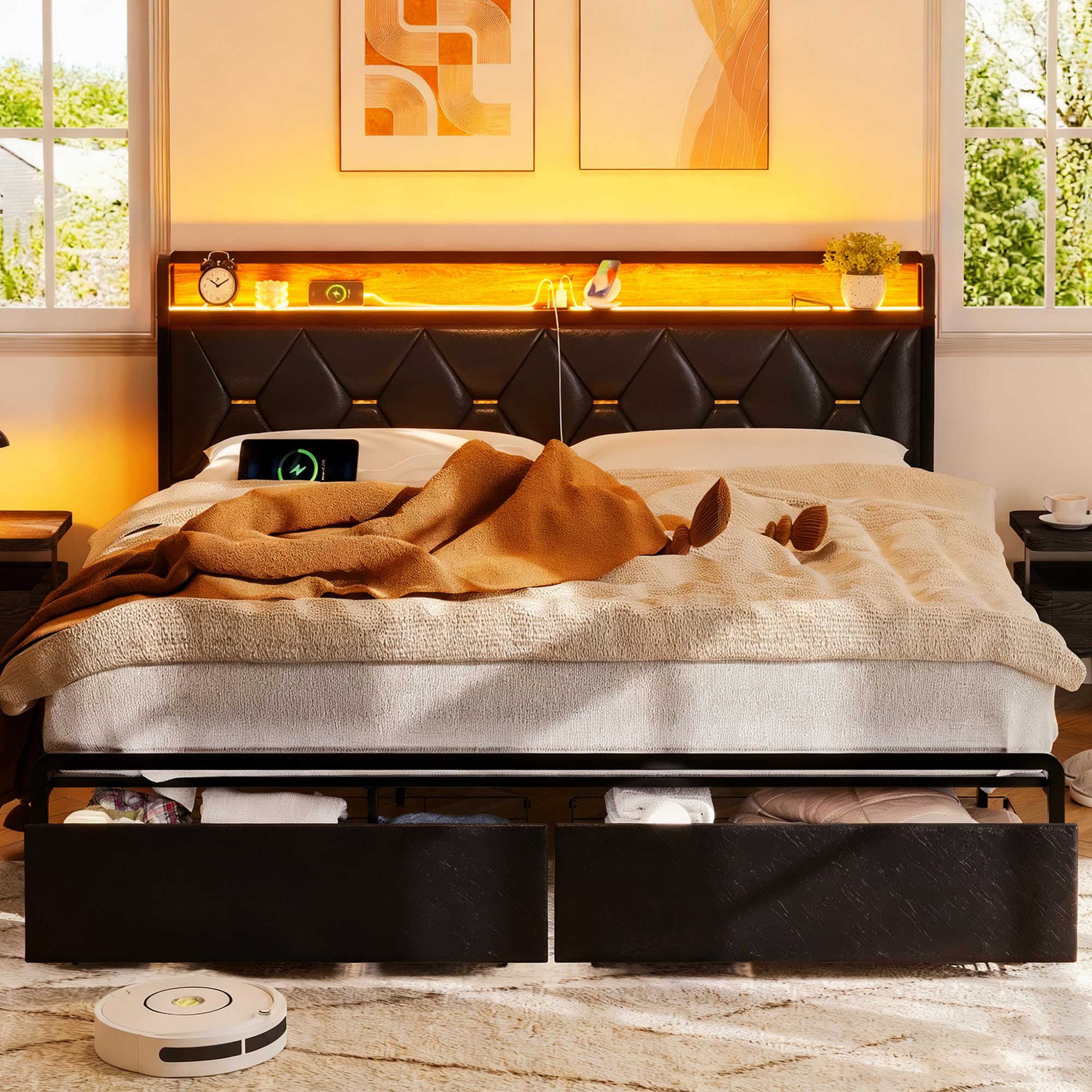 King Size Bed Frame with 2 Storage Drawers Faux Leather Upholstered King Bed Frame with Headboard and Storage
