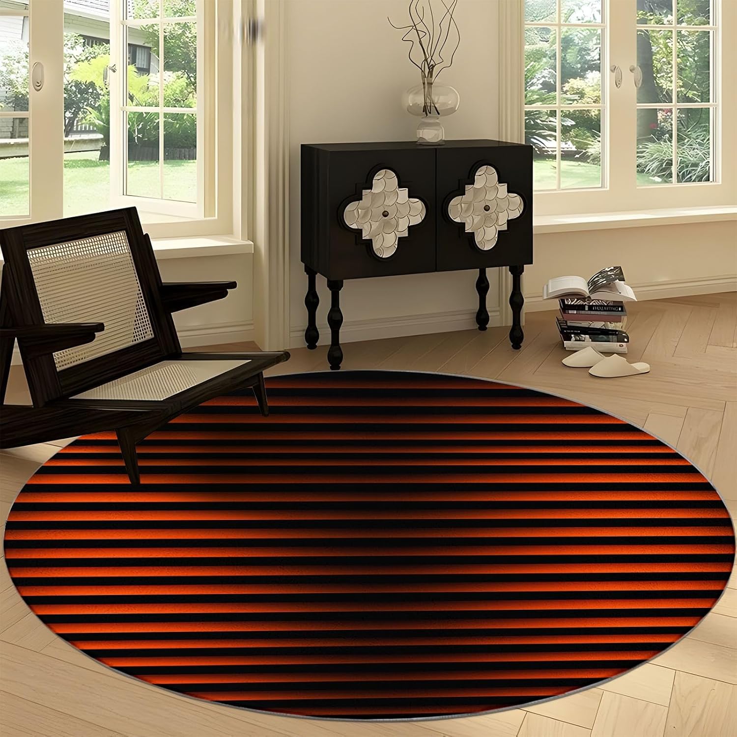 Orange and Black Stripes Non-Slip Round Area Rug 3 ft, Soft Low-Pile Bold Stripes Washable Rug for Bedroom, Indoor Carpet for Entryway Kids Room Nursery Living Room Bathroom, 3' x 3'