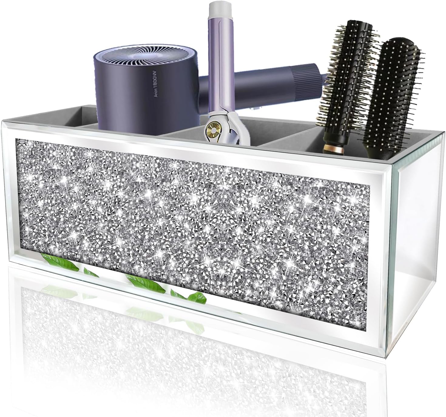 Mirror Hair Dryer Holder.（4 compartments）.Crystal Crush Diamond Hair Tool Organizer Wall Mount. Silver Bathroom Cabinet Tray for Blow Dryers, Hairdryer Straightener, Brushes (14.6”x4”x5”)