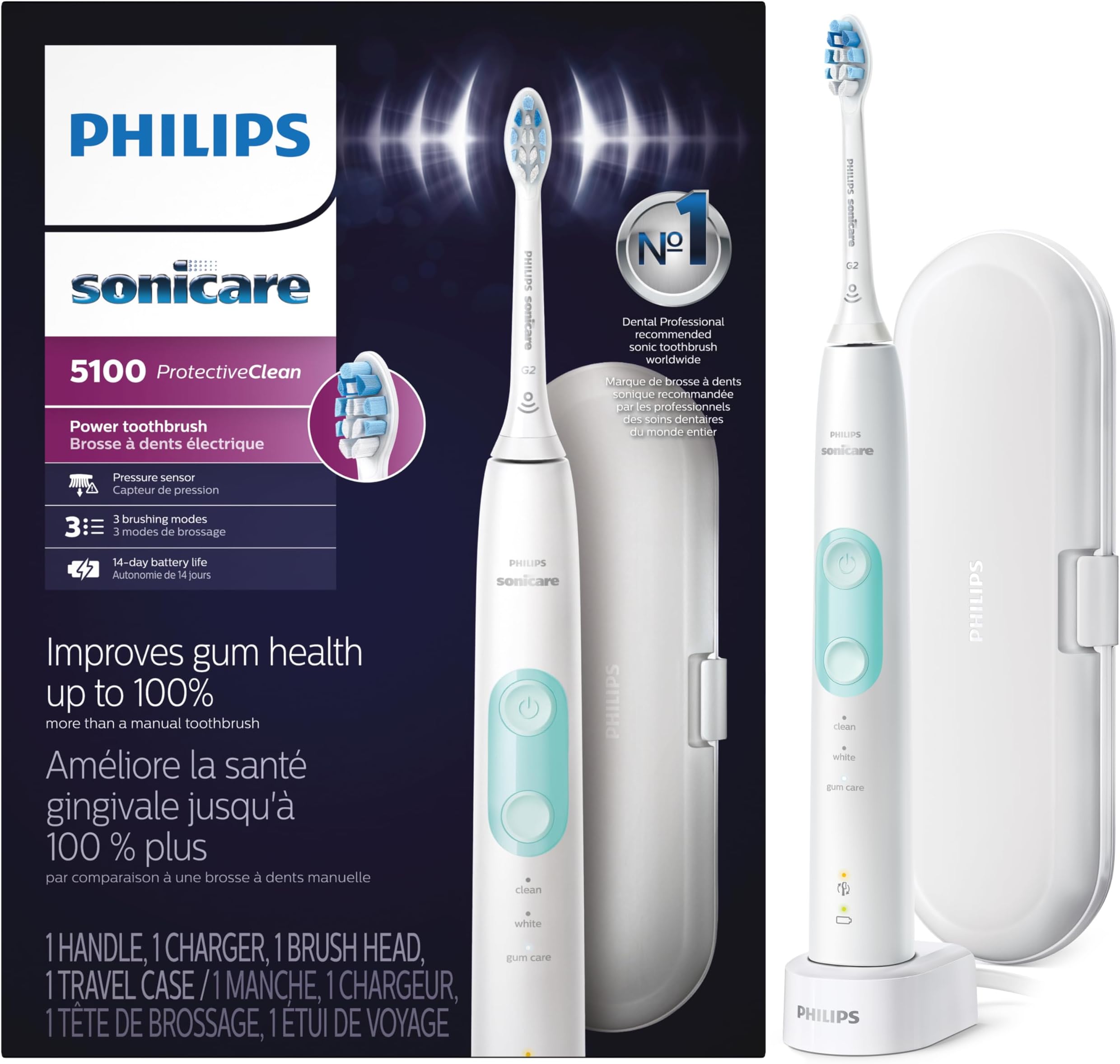 ProtectiveClean 5100 Rechargeable Electric Toothbrush, with Pressure Sensor, 3 Cleaning Modes, SmarTimer and QuadPacer, 14-Day Battery Life, Travel Case, White, Model HX6857/11