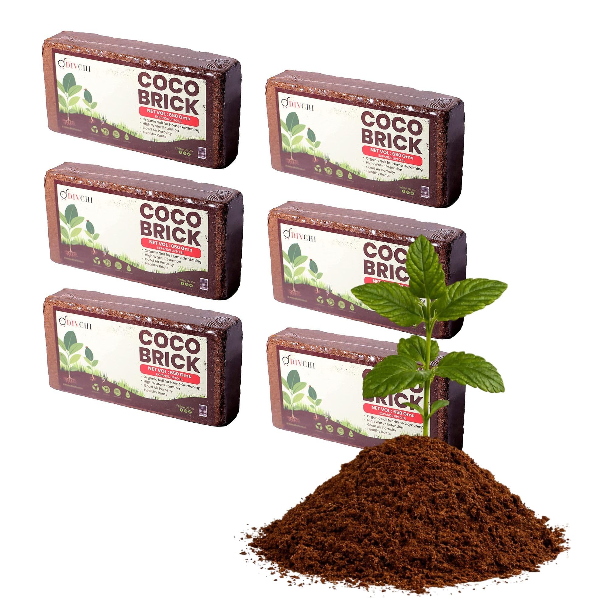 DIVCHI Coco Brick 6 X 650g (6X8L) Organic Natural Planting Soil High Moisture Retention Compost for Plants & Gardening