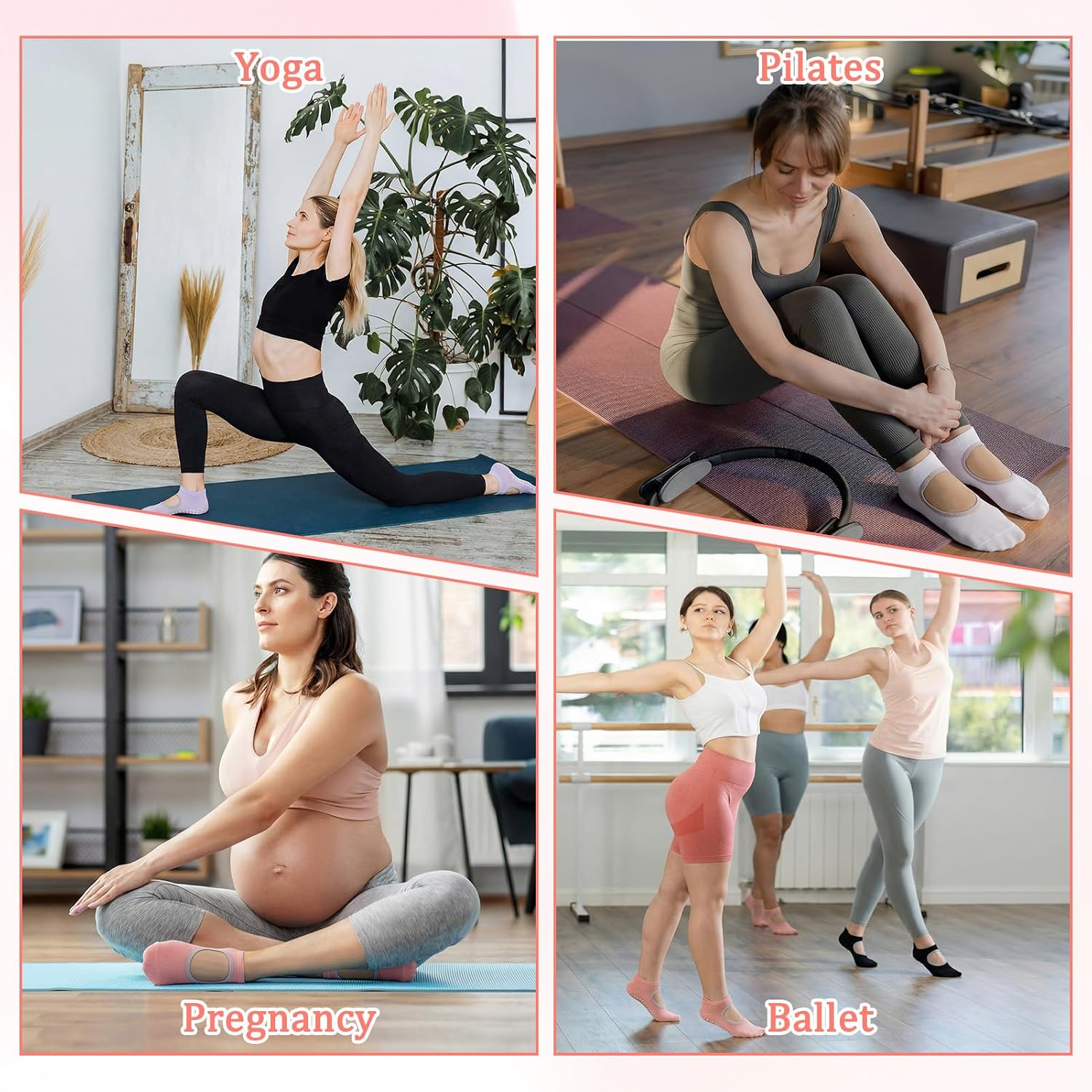 4 Pairs Non Slip Yoga Socks Pilates Socks with Grips for Women Grippy Sock Woman Grip Barre Sock for Women Girls Hospital Yoga Barre Running Dance Sports