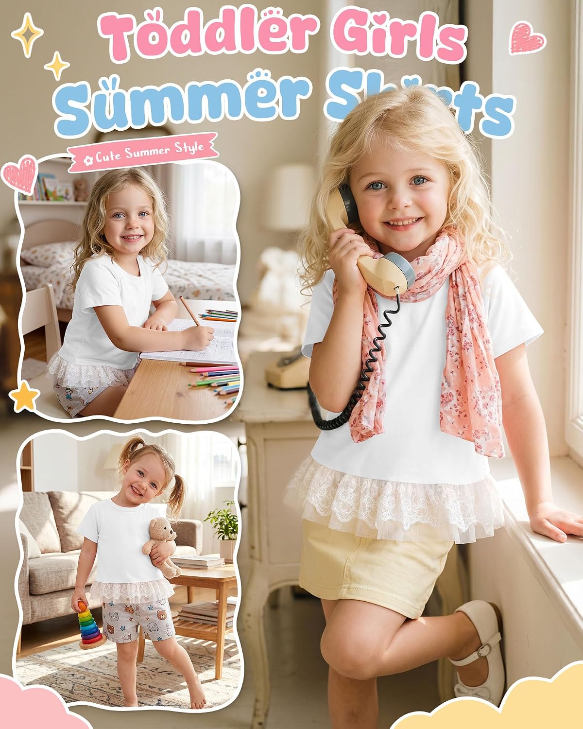 Toddler Girls Short Sleeve Shirts Baby Girl Cotton Lace Hem Crewneck Tops Kids Summer Cute Clothes 18M-5T