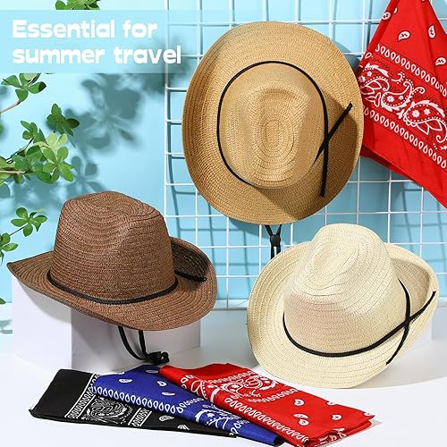 Miniatura 3 de SATINIOR Juego de 12 sombreros de vaquero de paja para niños con bandanas, disfraz de vaquero para fiesta occidental, disfraz de niño