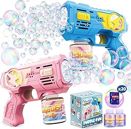 POPERFUN Sparabolle di Sapone 2 Pezzi, Spara Bolle di Sapone Automatico con Luci LED, Pistola Bolle di Sapone per Bambini di Età Superiore a 3 Anni, Feste di Compleanno, Pasqua e Giorno dei Bambini