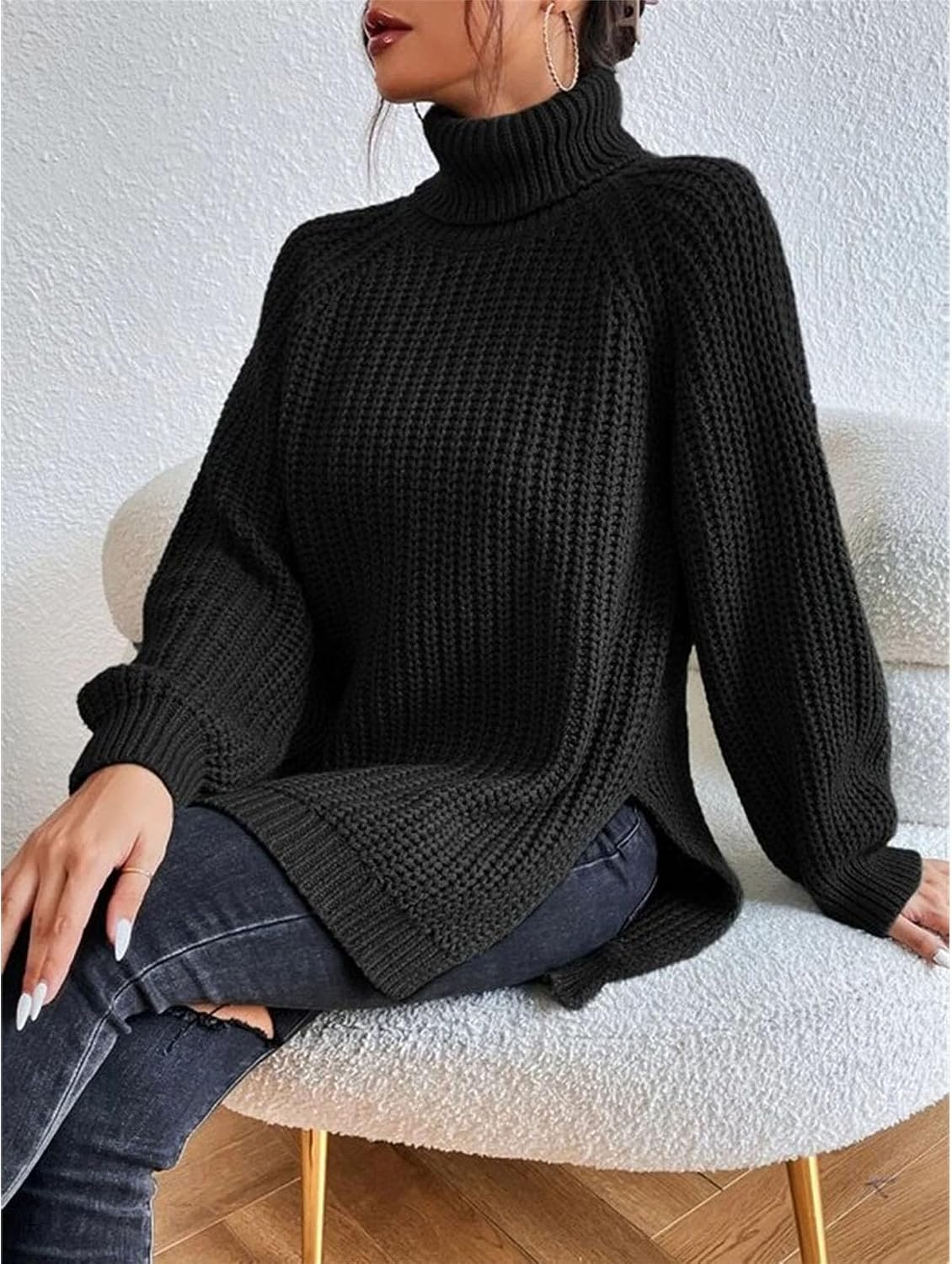 JEsilunmaMY Women's Spilt Hem Turtleneck Sweaters Oversized Long Sleeve Pullover Knit Dresses Tunic Warm Clothes for Winter