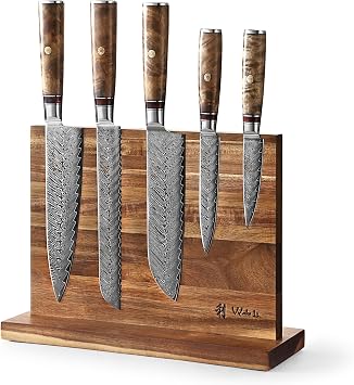 Wakoli Damascus Chef Knife Set with Magnetic Block 5-Piece Professional Kitchen Knife Block Set, Genuine 67-Layer Damascus Steel Blades with VG10 Core & Ergonomic Sycamore Wood Handles