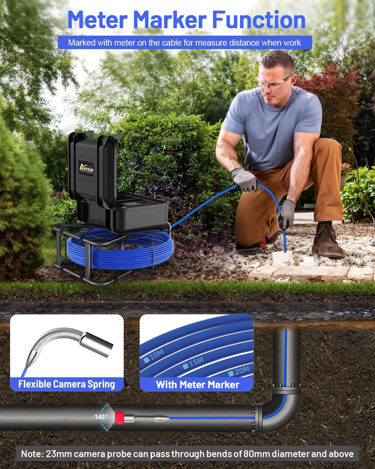 Sewer Camera Self Leveling, Anysun Sewer Inspection Camera 100ft with 9'' Monitor and DVR Recorder with 32GB Card, Meter Marker, 12 Adjustable Lights