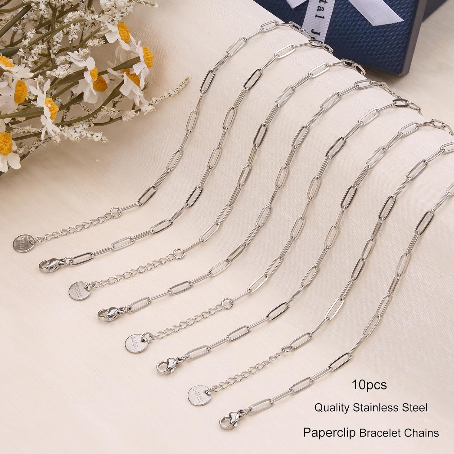 10pcs Classic Stainless Steel Paperclip Bracelet Chains 6.69"