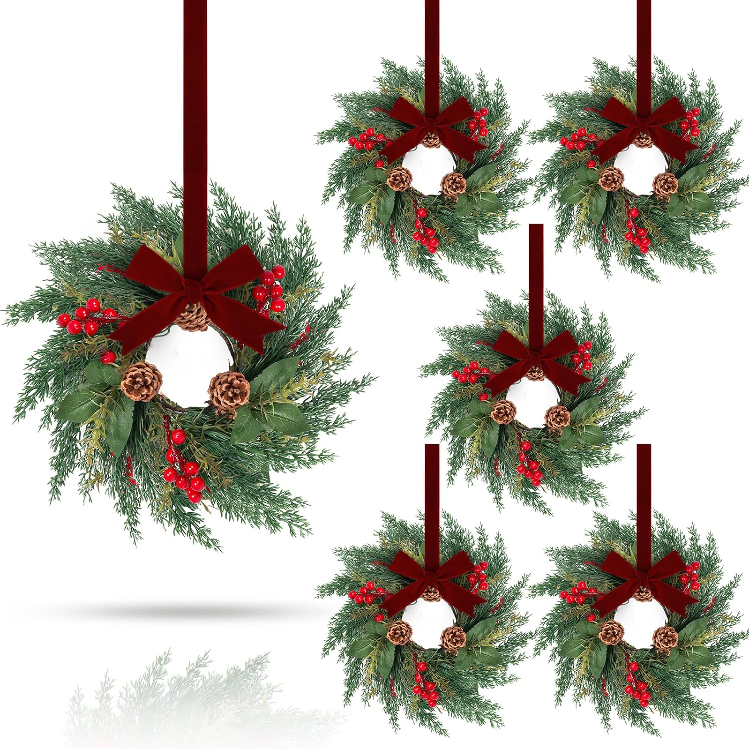 6 Pcs 9'' Mini Christmas Hanging Wreaths with Ribbon Artificial Pine Cones Red Berry Small Candle Ring Wreaths Pillar Wreath for Kitchen Cabinet Farmhouse Front Door Window Wall Xmas Holiday Decor