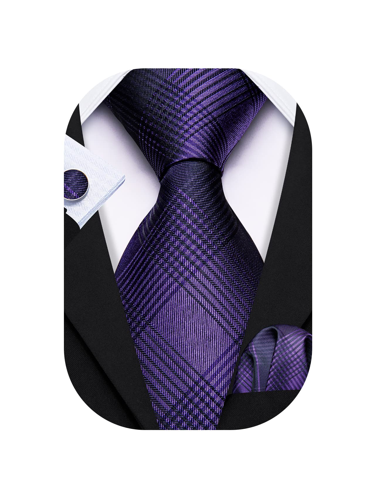 Barry.Wang Plaid Ties Check Mens Necktie Set with Handkerchief Cufflinks Classic Stripe
