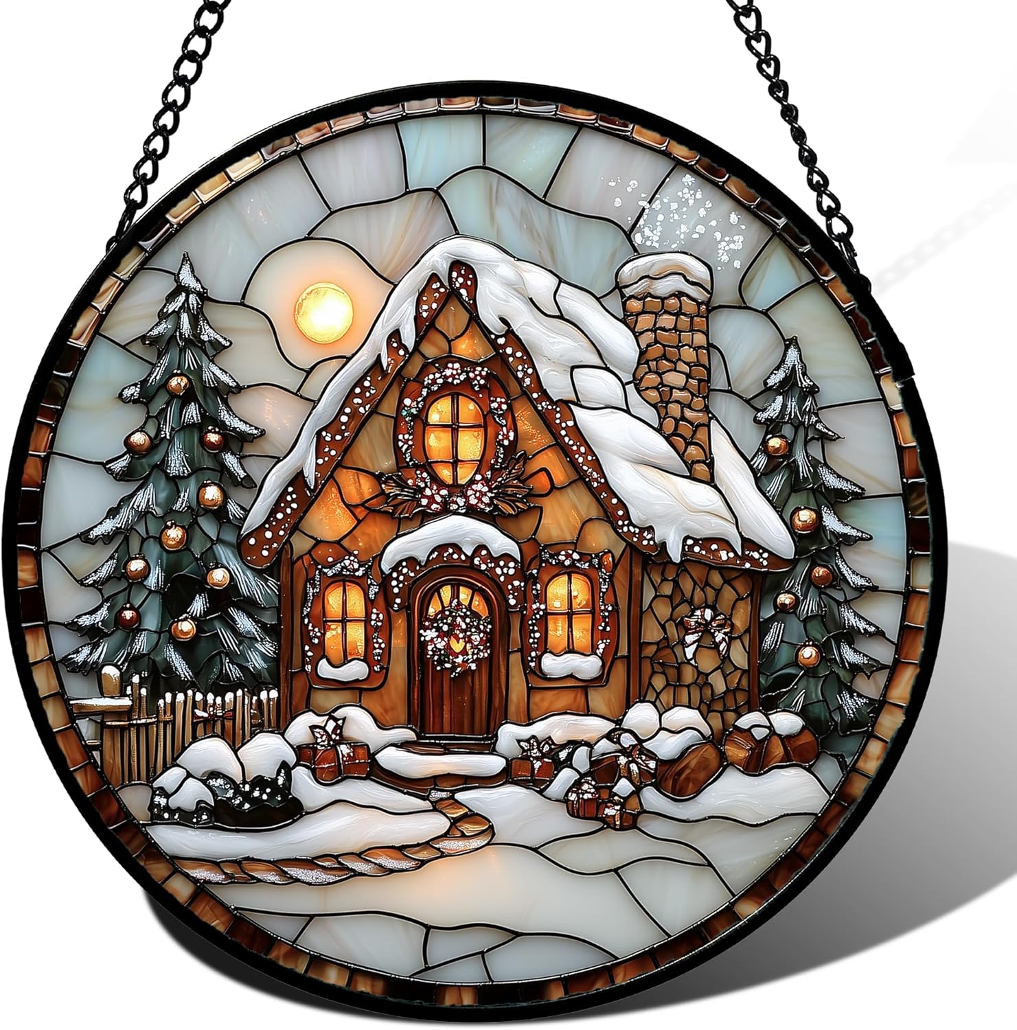 Stained Glass Window Hanging - Christmas Tree Cottage Sun Catcher for Door Garden Home Winter Decor Snowy Night Suncatcher Mother's Day Birthday Gifts for Women Men Mom Nana 11.8 in