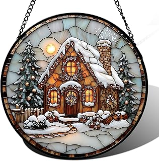 Stained Glass Window Hanging - Christmas Tree Cottage Sun Catcher for Do...