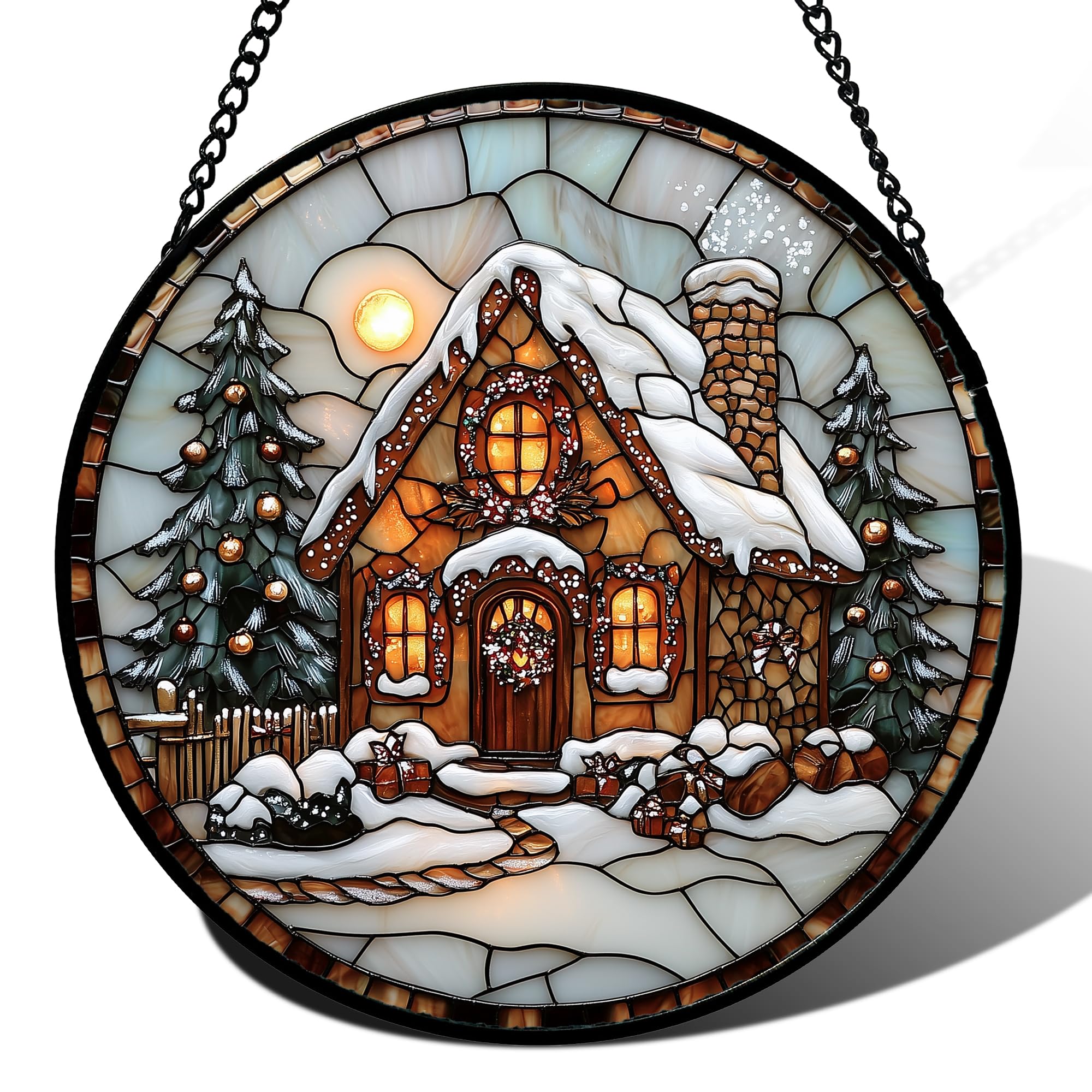 Stained Glass Window Hanging - Christmas Tree Cottage Sun Catcher for Door Garden Home Winter Decor Snowy Night