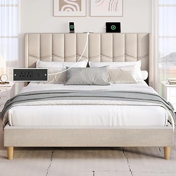 BRELTAM King Upholstered Platform Bed Frame with Linen Headboard & Wing Side, Built-in Charging Station, Wooden Slat Support, Mattress Foundation, No Box Spring Needed, Beige