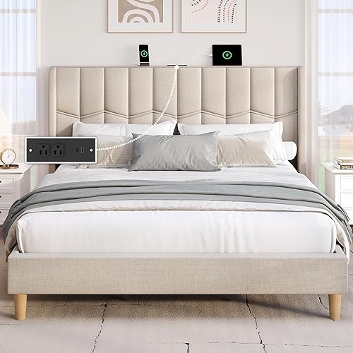 King Upholstered Platform Bed Frame with Linen Headboard & Wing Side, Built-in Charging Station, Wooden Slat Support, Mattress Foundation, No Box Spring Needed, Beige