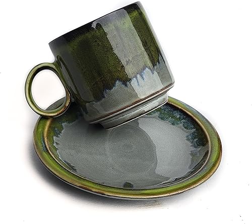 Miniatura 6 de Spark In Life - Tazas de café espresso de cerámica pintadas a mano de color verde, 4 onzas, juego de 2 tazas de porcelana y 2 platillos (verde)