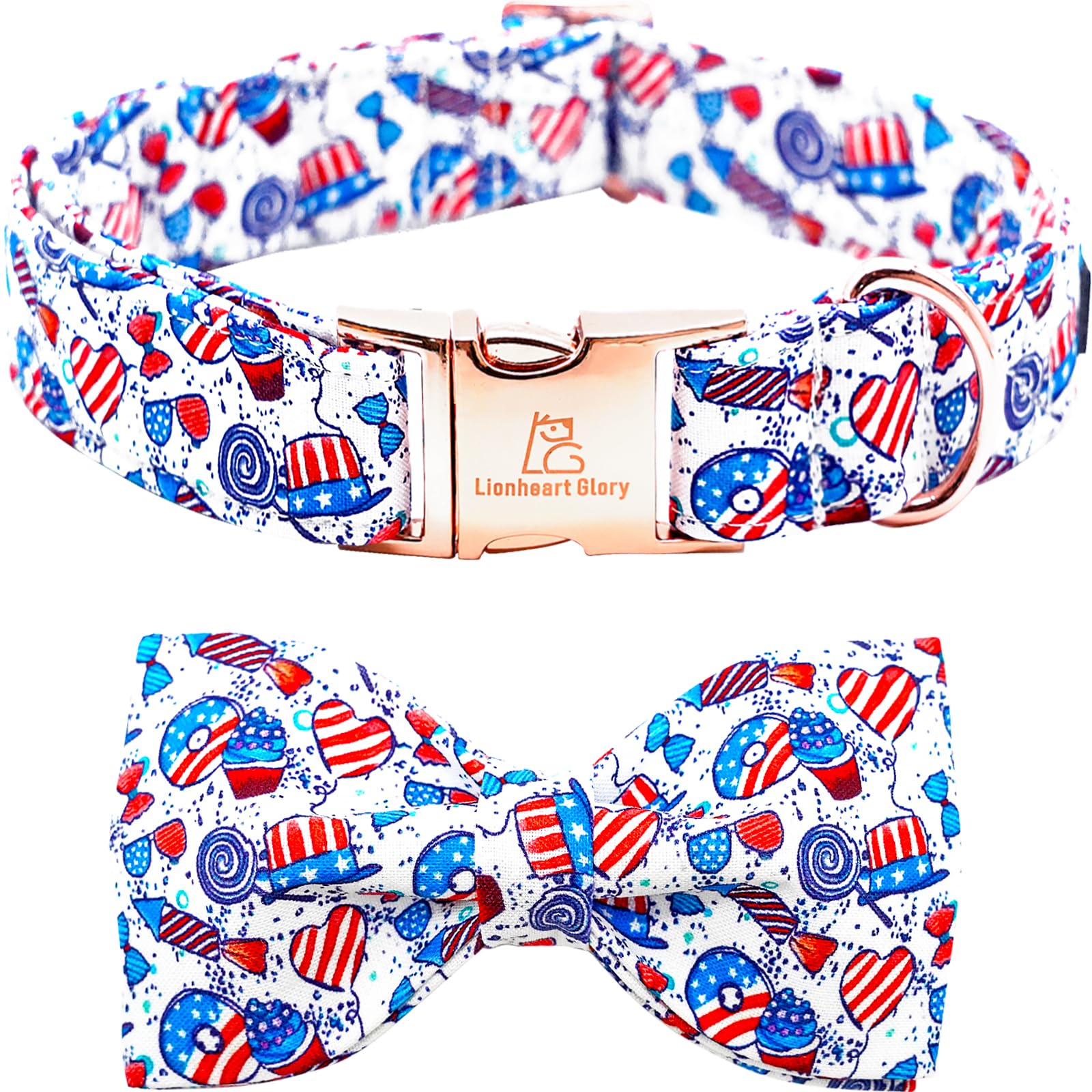 Lionheart glory American Flag Dog Collar, 4 of July Dog Bow Collar Heavy Duty Adjustable Patriotic Dog Collar with Bowtie for Medium Dogs Pet Gift