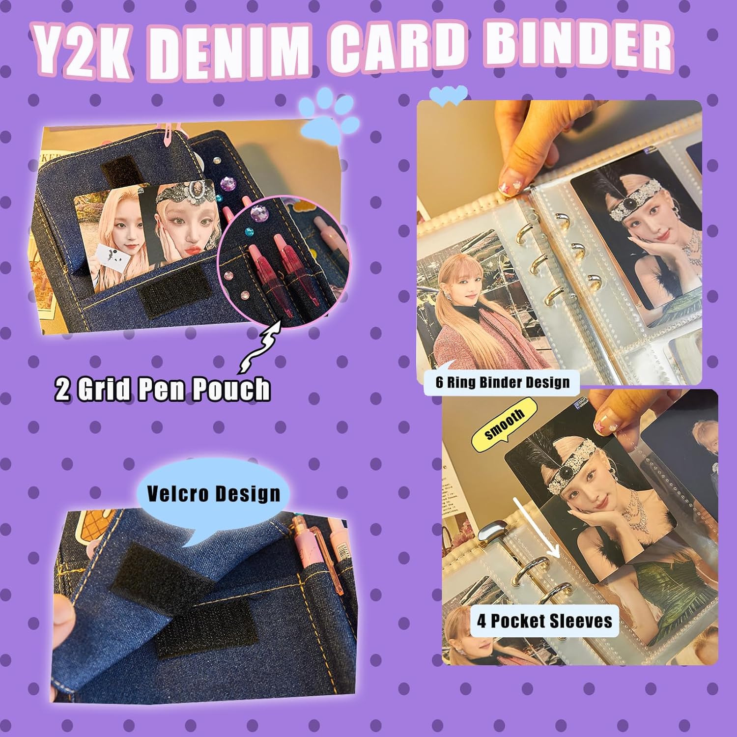 Y2K Denim Photocard Binder with 40 Pcs Inner Sleeves 6 Ring 4-Pocket Photo Card Collect Book Hold Up to 160 Cards (Dark Blue)