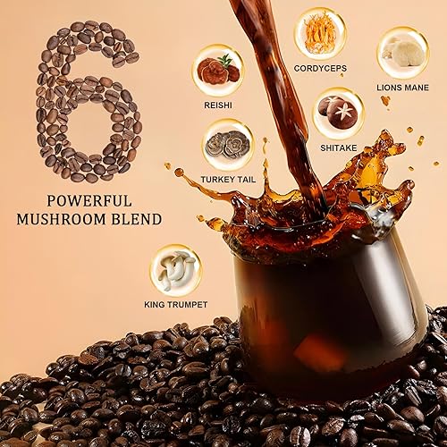 Miniatura 3 de Café de Setas, Adaptogénico 6 Setas con Lion's Mane, Reishi, Cordyceps, Shiitake, Trompeta del Rey y Cola de Pavo, Café Instantáneo en Polvo para