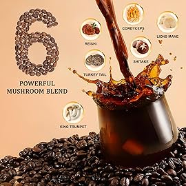Bunkell Mushroom Coffee, Adaptogenic 6 Mushrooms with Lion\'s Mane, Reishi, Cordyceps, Shiitake, King Trumpet & Turkey Tail, Instant Coffee Powder for Energy, Digestion & Immune Support, 50 Servings