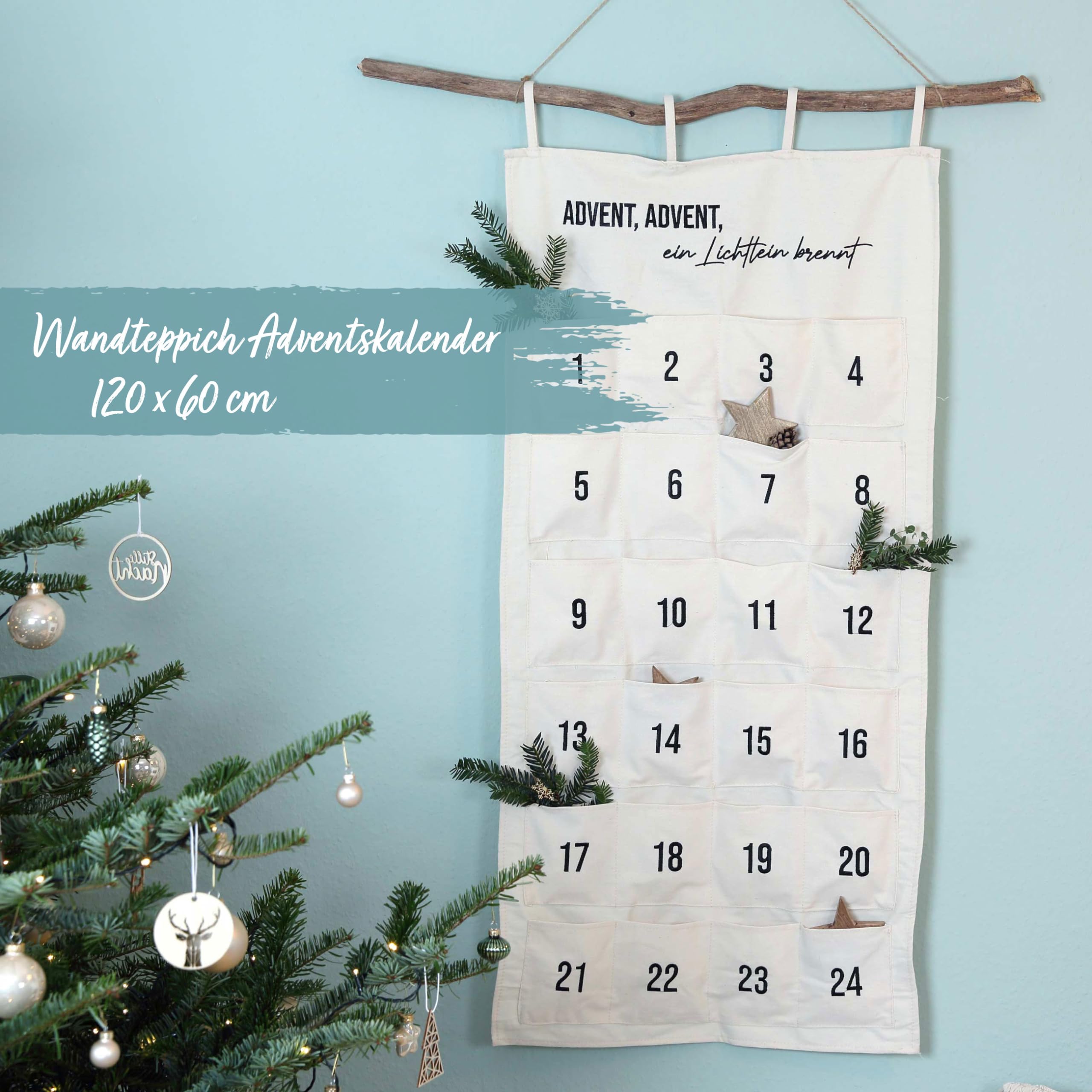 Papierdrachen - Advent Calendar for Filling in Embroidered Fabric with 24 Bags and 