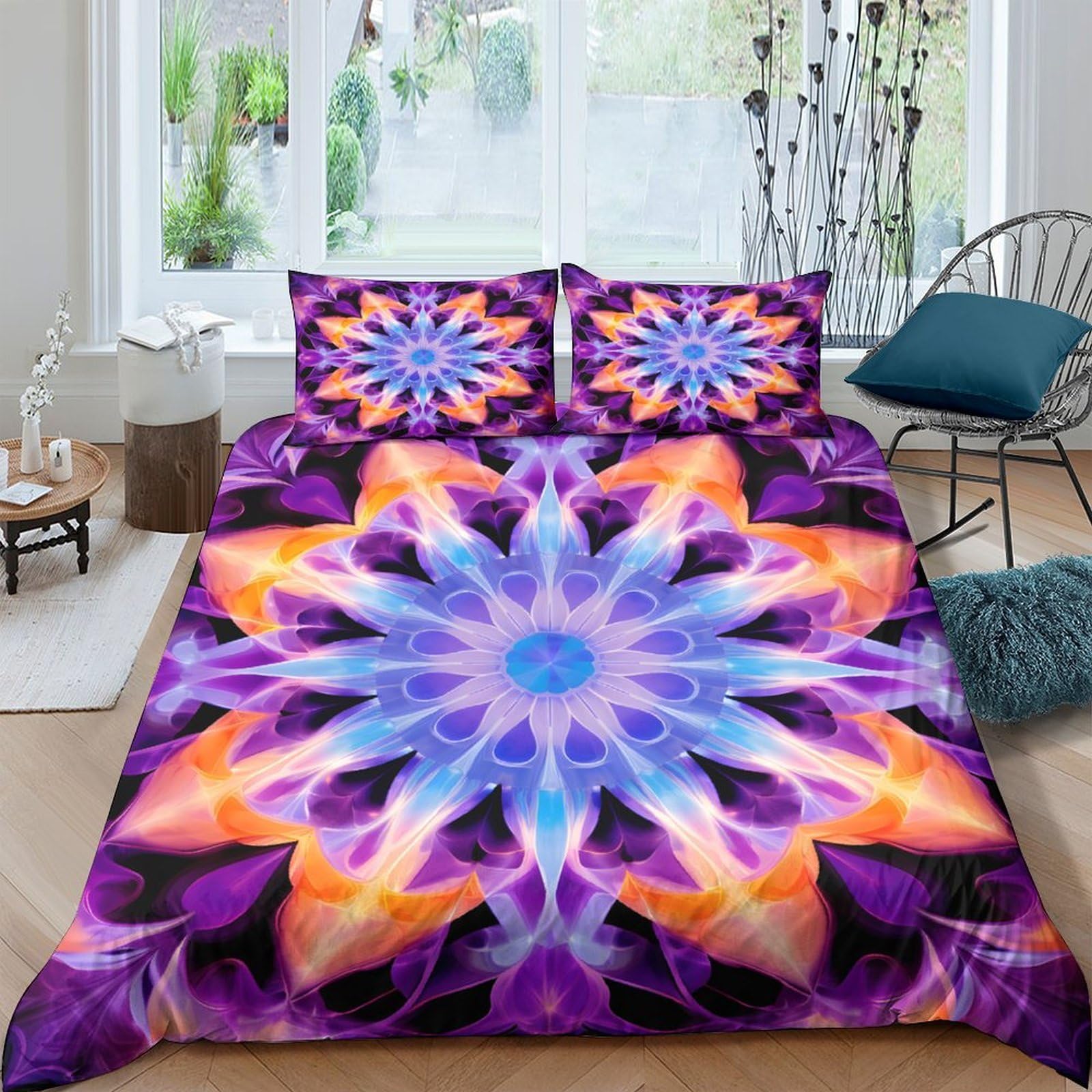 GPLZQXKJNH 3D Printed Mandala Flower Duvet Cover Microfiber Soft Breathable Tie Dye Kaleidoscope Bedding Set with 2 Pillowcases for Bedroom Home Single（135x200cm）