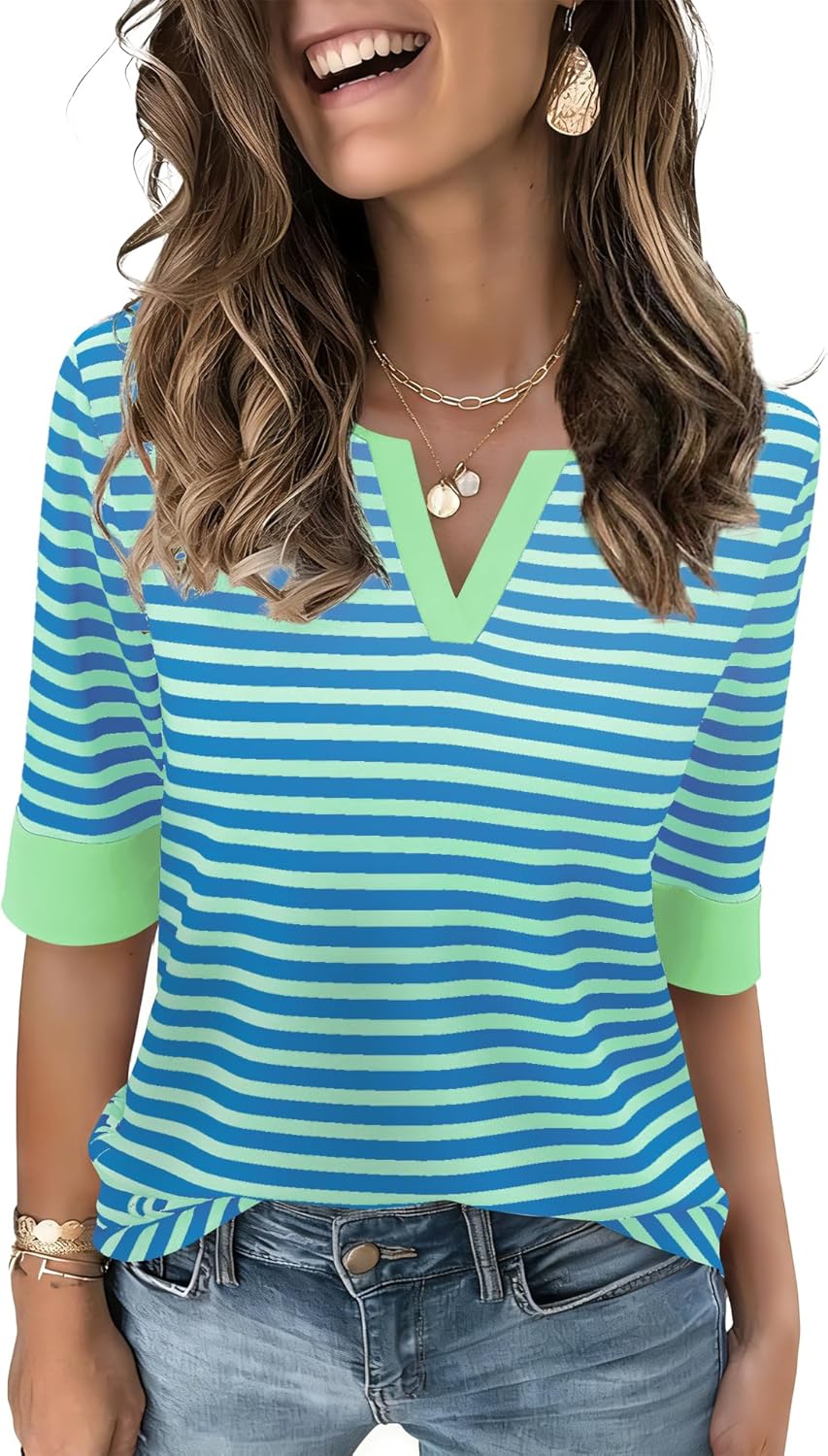 LOMON Spring Tops for Women Dressy Casual 3/4 Length Sleeve Striped Shirts Fashion V Neck Blouses 2026