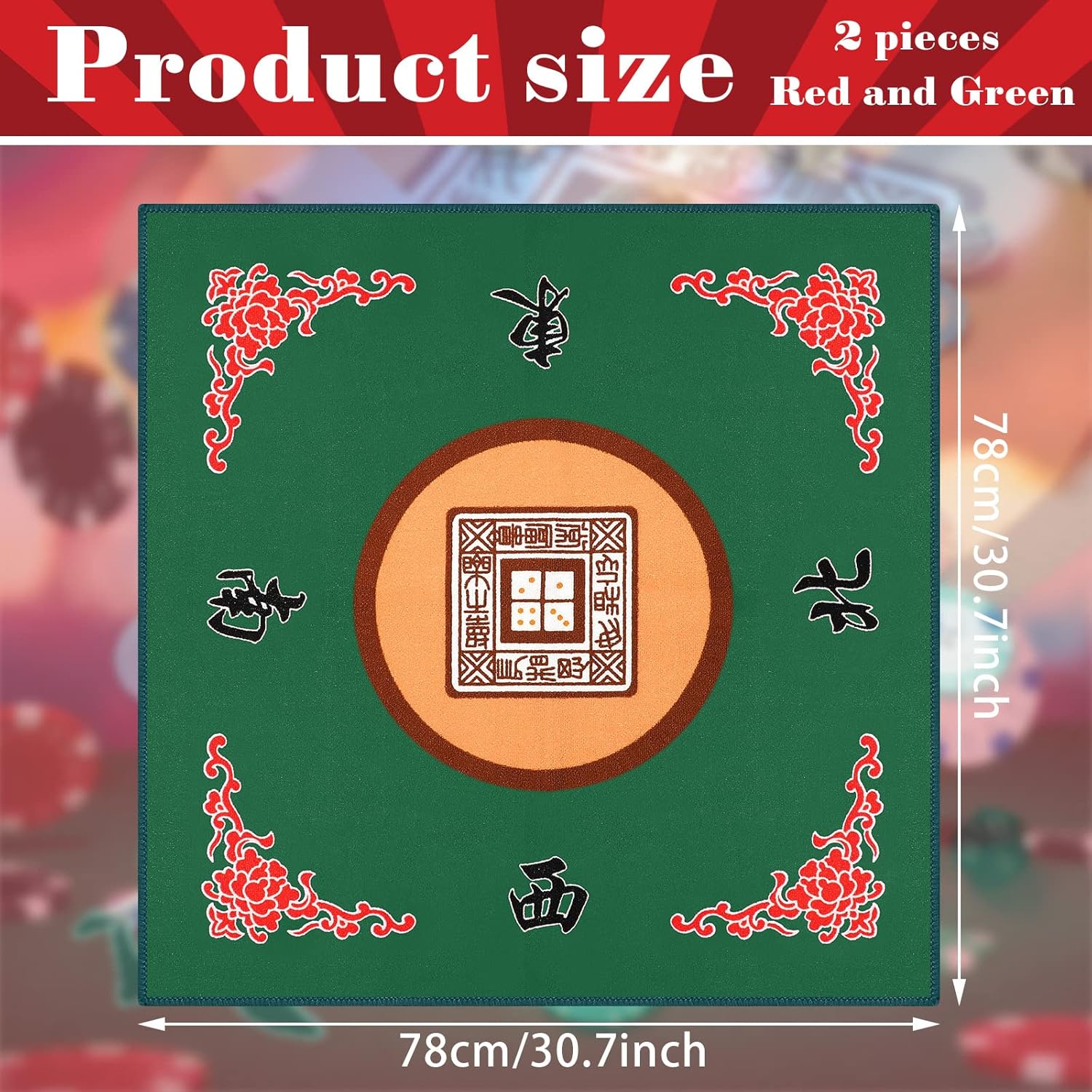 2 Pcs Mahjong Mat Mahjong Table Cover Non-Slip Noise Reduction Gaming Mat for Poker Board Tile Games Dominoes Party Festival Reunion 30.7 x 30.7 Inches(Green, Red)