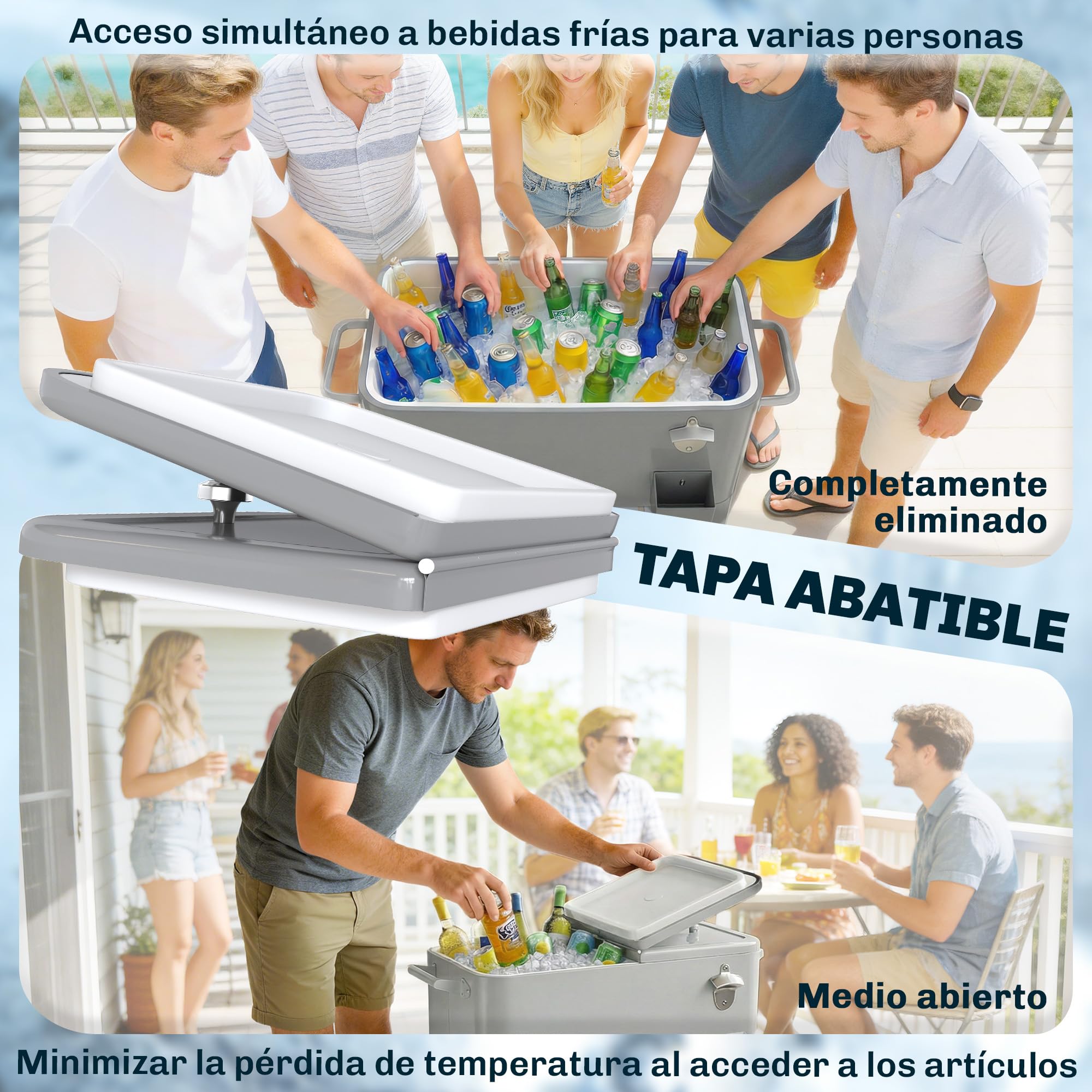 Outsunny Carrito Nevera de 76L con Ruedas, Carro de Bebidas con Estante, Abrebotellas, Recogetapas, Drenaje y 2 Asas, Mesa Nevera Jardín Exterior para Patio, Fiesta, BBQ, 92x39x81 cm, Plateado