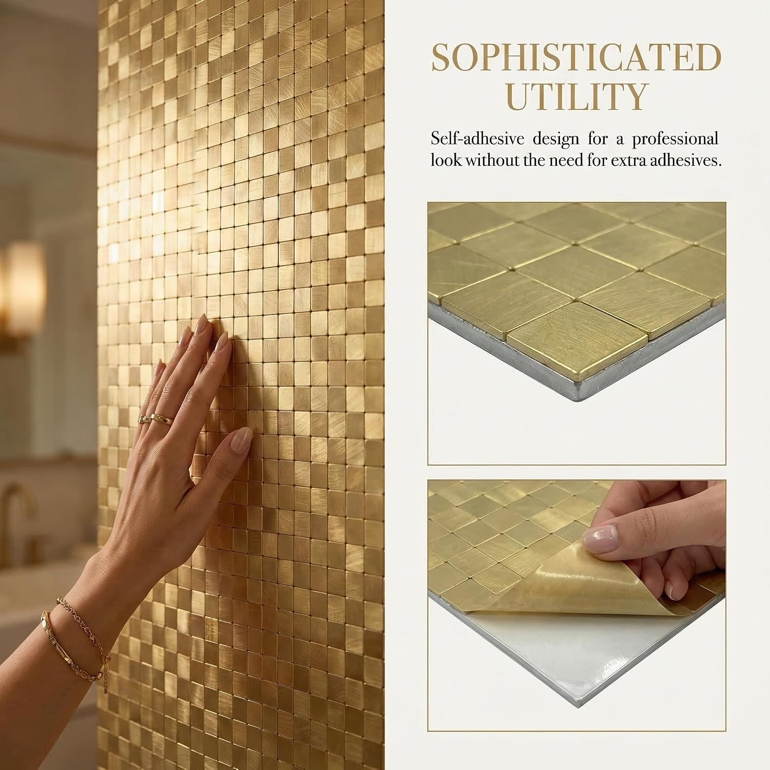 10pcs Peel & Stick Aluminum Composite Mosaic Wall Stickers - Waterproof, Heat-Resistant, Self-Adhesive Tiles for Bathroom, Kitchen, Living Room (10, Golden)