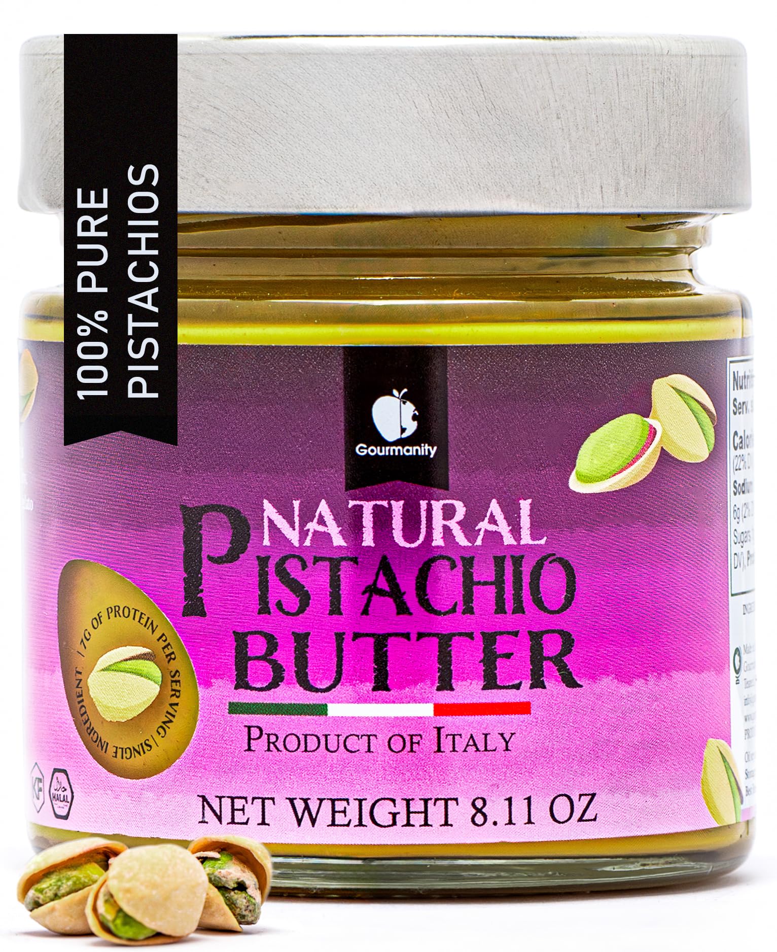 Gourmanity Pure Italian Pistachio Butter Spread, 100% Nut Deliciousness, Gourmet Pistachio Paste For Sweet And Savory Dishes, No Added Sugar, GF, Vegan, Keto and Paleo Friendly, Kosher And Halal Certified, 8.1oz Jar