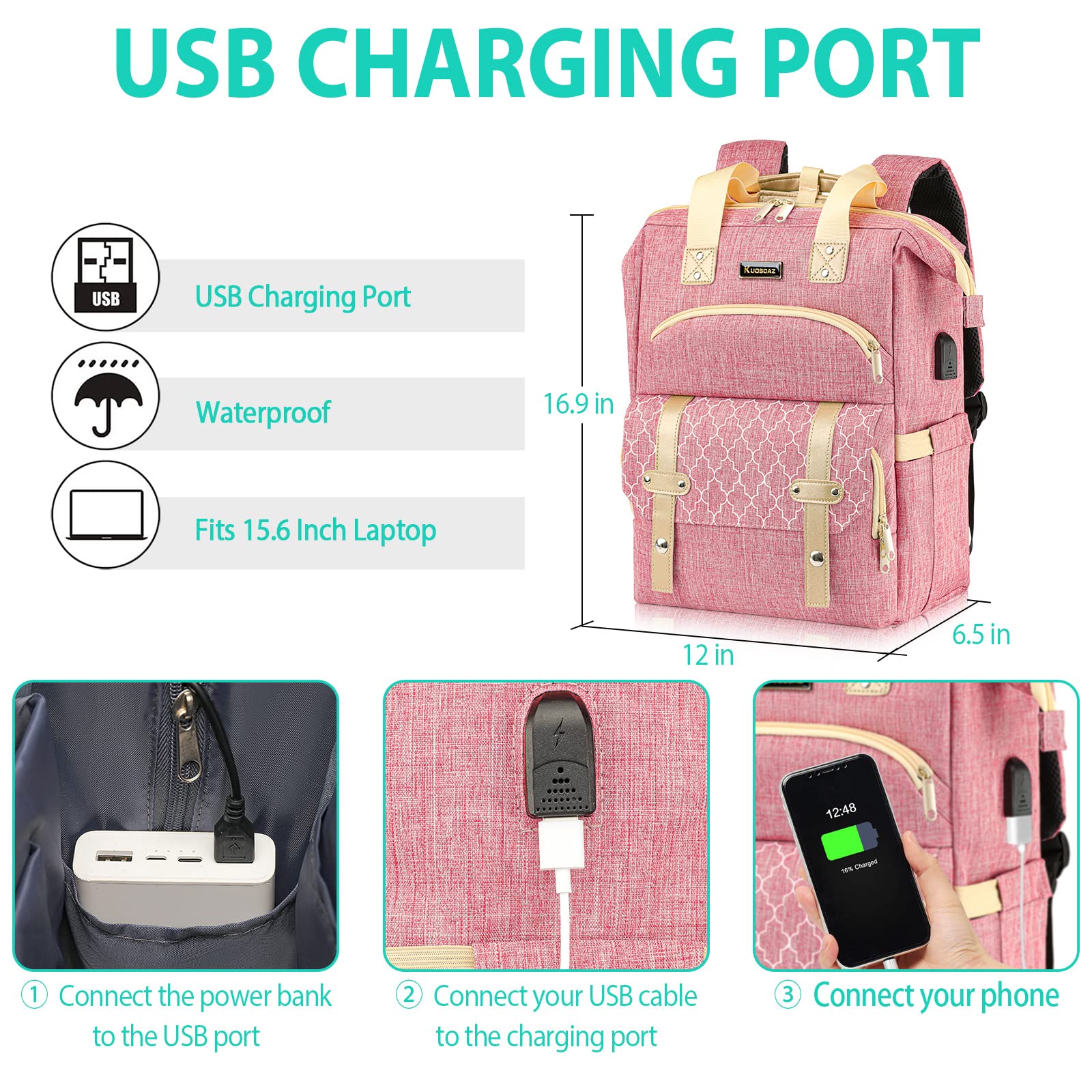Wasserdichter Schulrucksack Für Mädchen – Mit Laptopfach Für 15,6 Zoll, 11 Taschen, Rosa, Aus Polyester