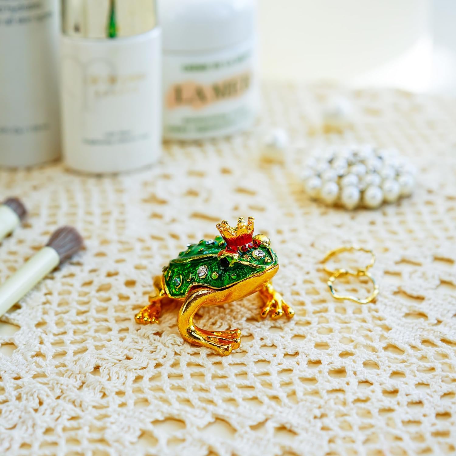 YU FENG Crystal Jeweled Crown Frog Trinket Box Hinged Collectible Frog Figurine Decor Ring Holder Hand-Painted Decorative Jewelry Holder Box - Image 7