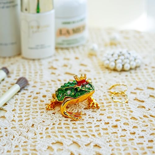 Miniatura 7 de YU FENG Caja de baratijas de rana con corona de cristal, con bisagras, figura de rana coleccionable, soporte de anillo decorativo pintado a mano