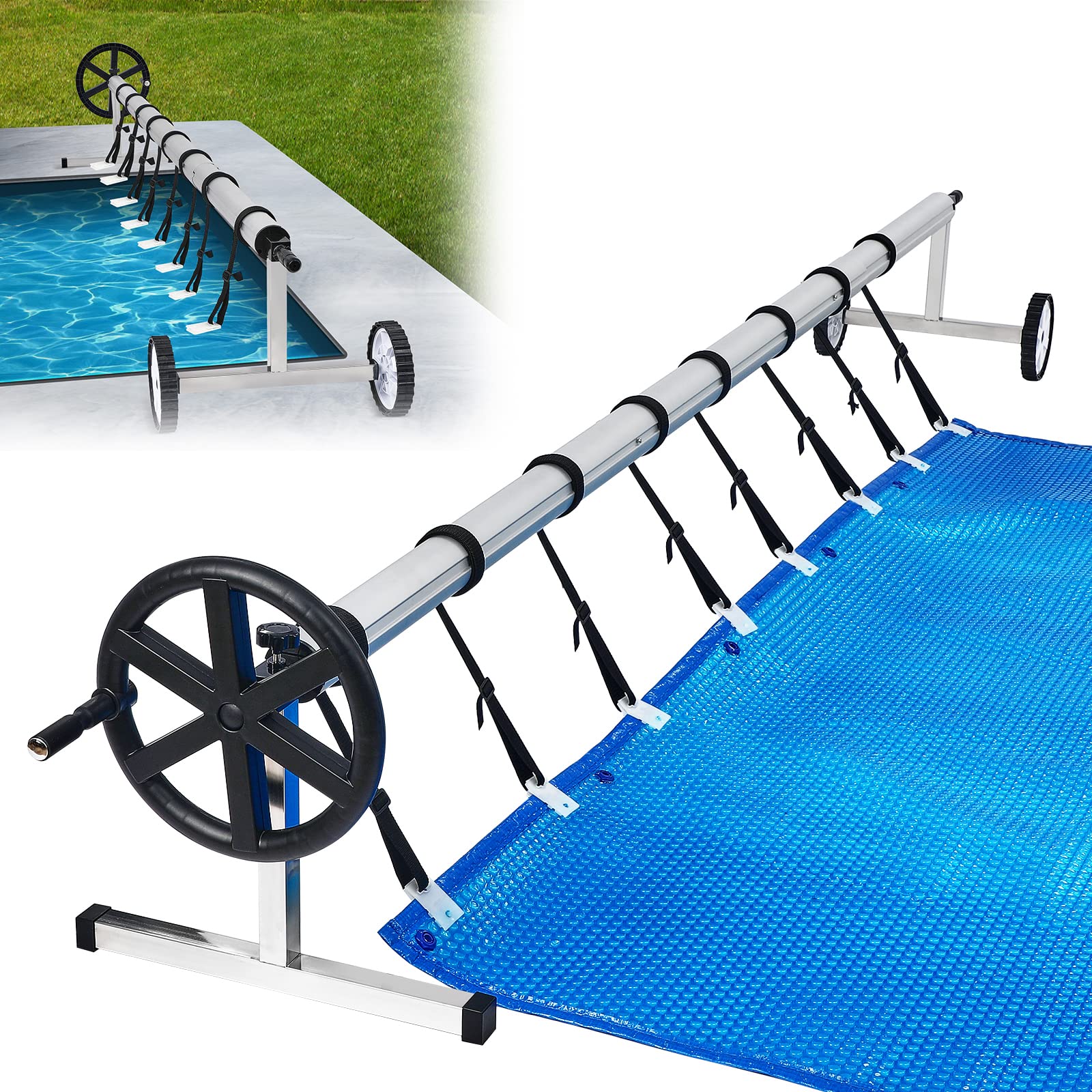 AufuN Avvolgitore per Piscina Premium 3 – 5,70 m, Sistema di avvolgimento Mobile per telone e Copertura, Materiale Resistente alle intemperie, con Fissaggio e Ruote