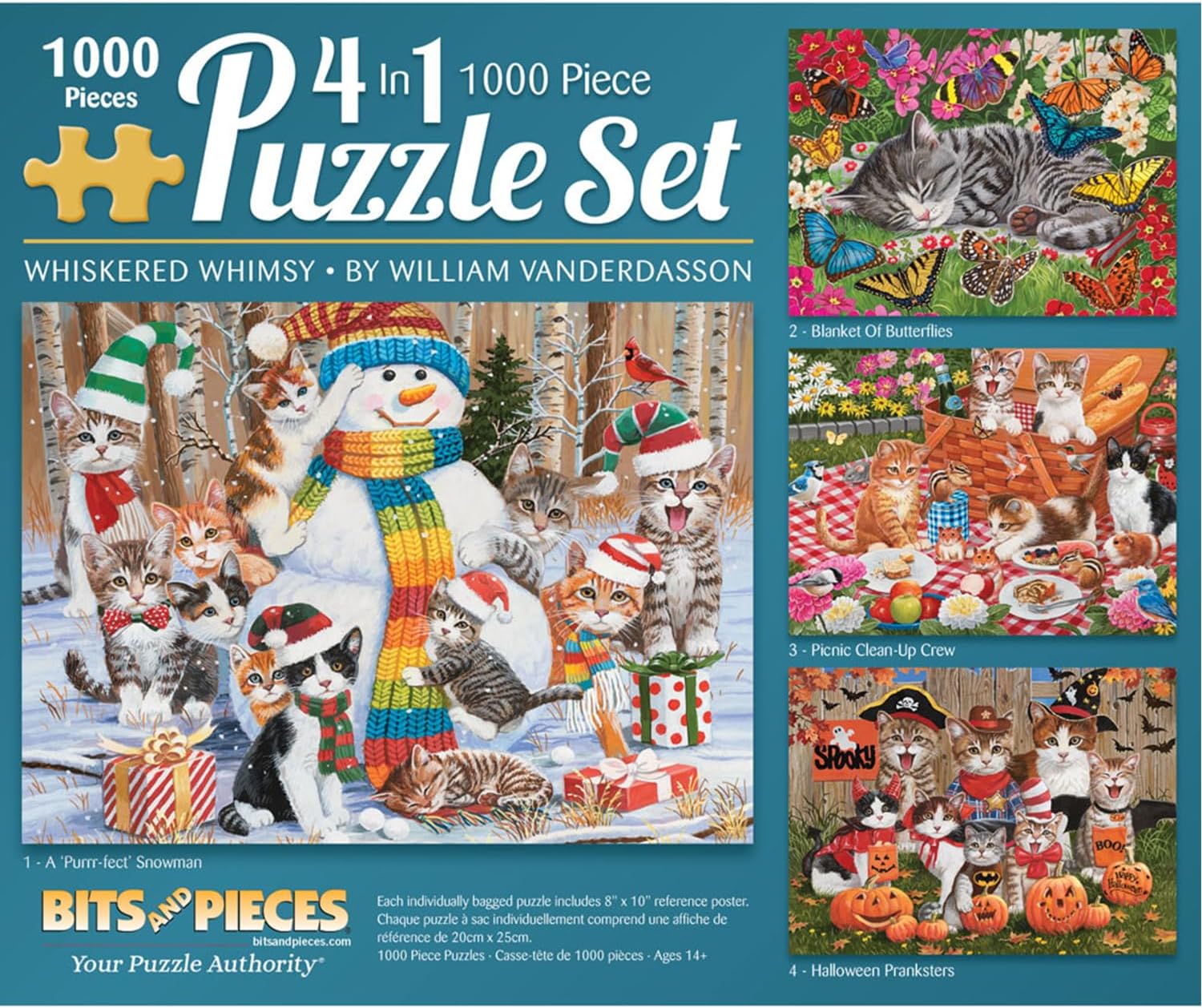 Bits and Pieces 4 Jigsaw Puzzle Set 1000 Piece Puzzles for Adults, Whiskered Whimsy Set - Large 20" x 27" Jigsaw Puzzles 1000 Pieces - Seasonal Cats Kittens - Random Die Cut Pieces No 2 Alike