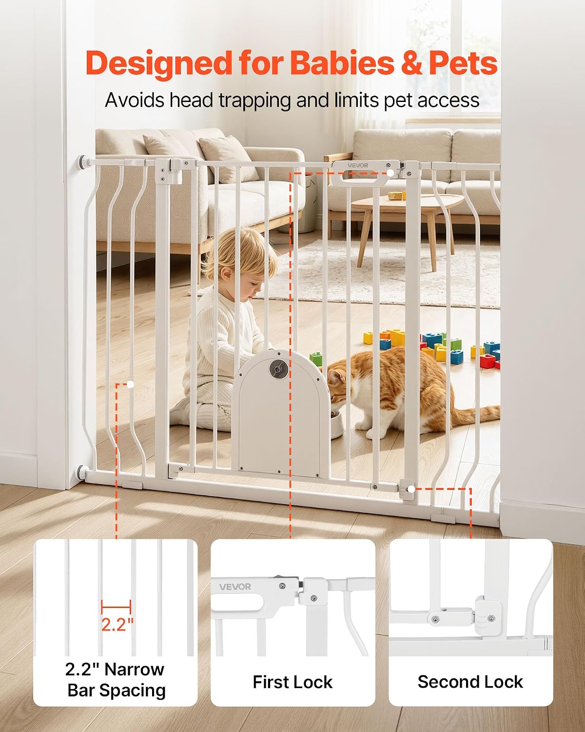 VEVOR Baby Gate for Stairs, 29.5-43 in Adjustable Width, Baby Gate with Adjustable Cat Door, with Pressure Mount Kit and Wall Mount Kit, Secure Metal Pet Door for Stairs, Doorways, and House, White image 4