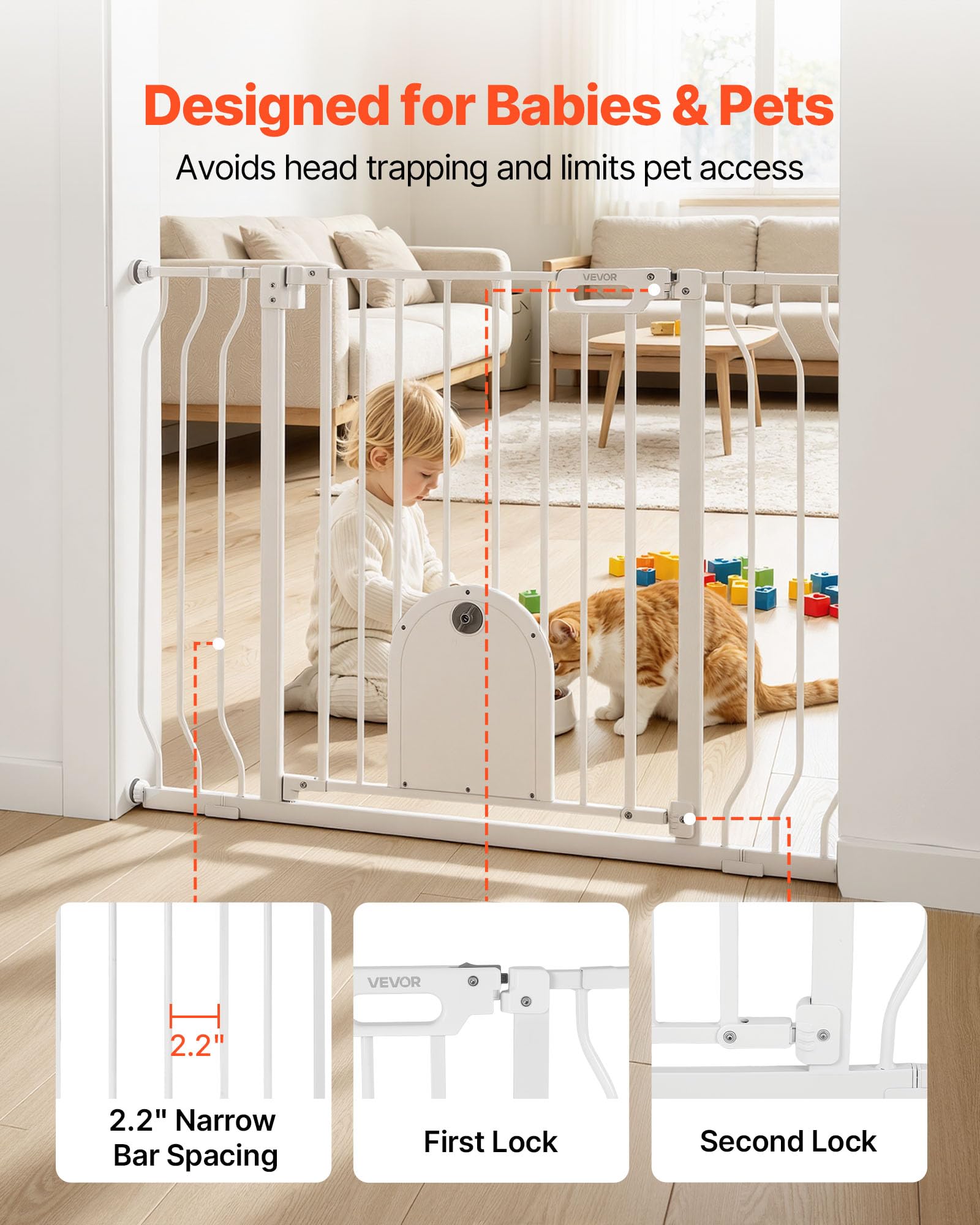 VEVOR Barrera de Seguridad para Niños, Ajustable de 75 a 111 cm, Alto de 76 cm, Valla de Seguridad Infantil con Puerta para Gatos, con Accesorios de Montaje, para Escaleras Puertas Salón, Color Blanco