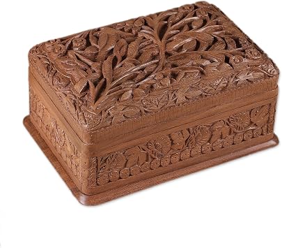 NOVICA Leaf and Tree Wood Jewelry Box, Brown Birds in Wonderland